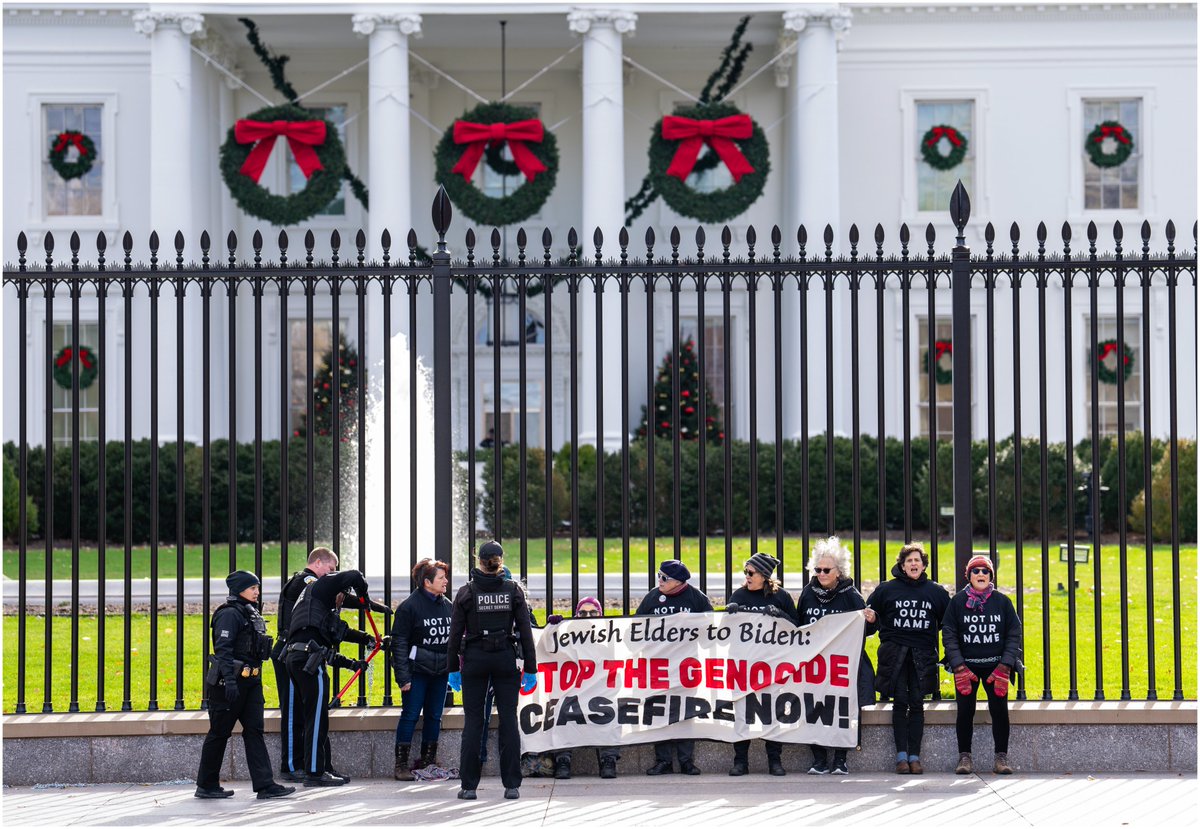 Police officers cuts the chains off Israel-Hamas war protesters who chained themselves to the White House fence.