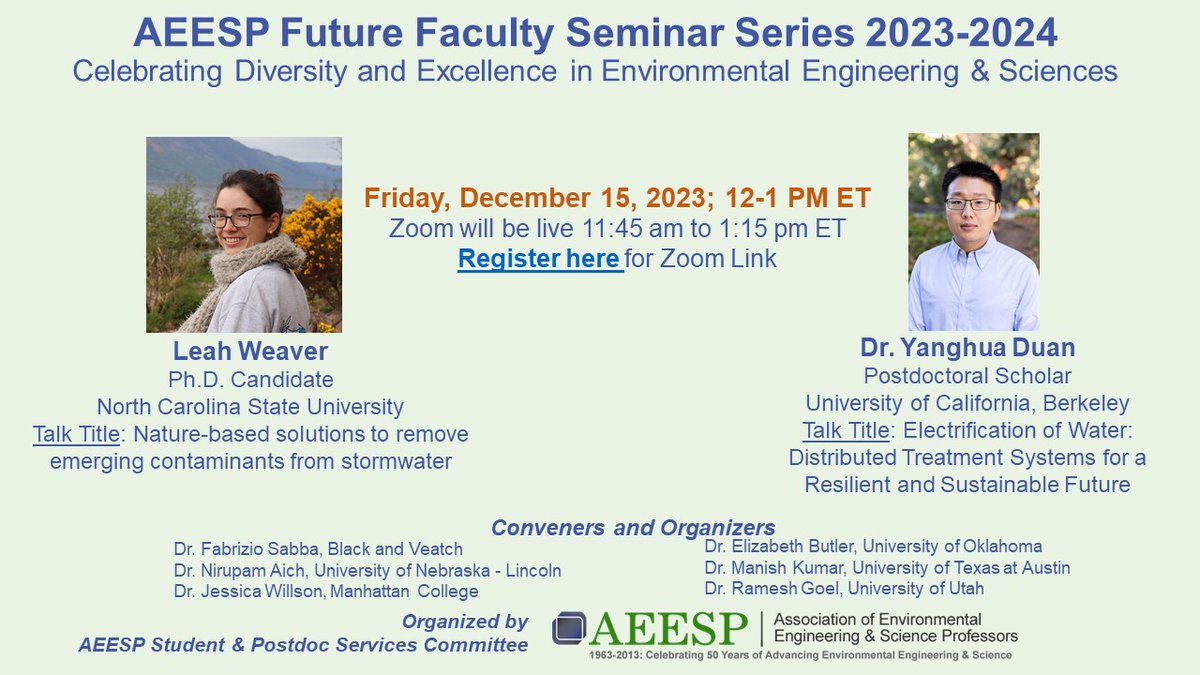 profjmwilson (@profjmwilson1) on Twitter photo Announcing our second seminar speakers for <a href="/AEESProfs/">AEESP</a> Future Faculty Seminar Series on Friday, Dec. 15th at 12PM. Leah Weaver from <a href="/NCState/">NC State University</a> and Dr. Yanghua Duan from <a href="/UCBerkeley/">UC Berkeley</a> <a href="/NirupamAich/">Nirupam Aich</a> <a href="/Fab_H2O/">Fab Sabba</a>. Announcing our second seminar speakers for <a href="/AEESProfs/">AEESP</a> Future Faculty Seminar Series on Friday, Dec. 15th at 12PM. Leah Weaver from <a href="/NCState/">NC State University</a> and Dr. Yanghua Duan from <a href="/UCBerkeley/">UC Berkeley</a> <a href="/NirupamAich/">Nirupam Aich</a> <a href="/Fab_H2O/">Fab Sabba</a>.