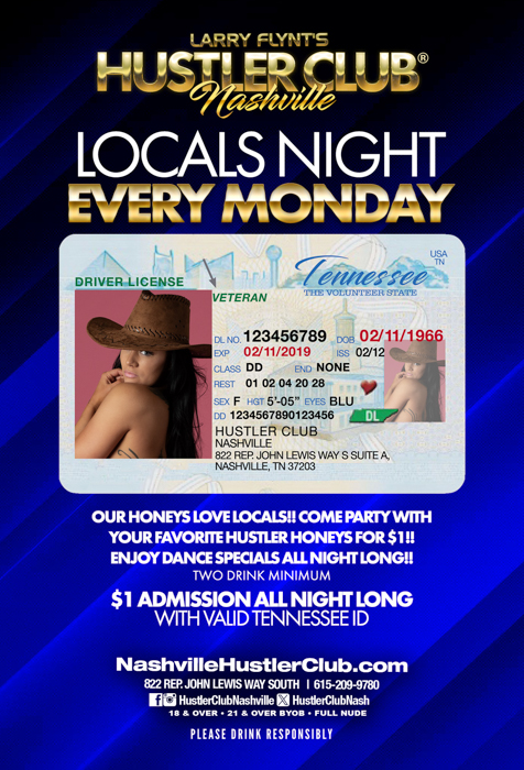 Locals Night Every Monday! Our Honeys love locals! Party w/your favorite Honeys for $1! Enjoy d@nce specials all night! (two drink minimum)! $1 admission all night long with valid Tennessee ID! Open at 4pm! . . . #HustlerNashville #HustlerHoneys #VU #MondayFunday #MagicMonday