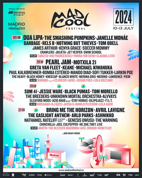 🎵🎸 O Festival Mad Cool 2024 sorprende cun cartel cheo de estrelas! Dua Lipa, Pearl Jam, Sum 41 e Avril Lavigne encabezarán os días de música en Madrid. Melloras nos servizos e entradas á venda a partir do 12 de decembro. Non perdas esta cita! 🎤🎶 #MadCool2024 #MúsicaAoVivo