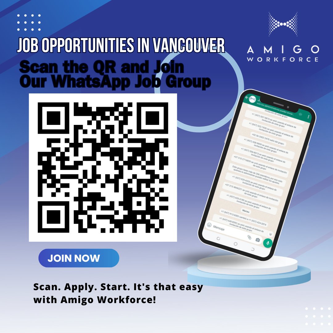 Finding job opportunities in Vancouver just got easier! 🤩 Scan the QR code and join our #AmigoWorkforce WhatsApp job group – scan, apply and start! 📲 It's as simple as that! 🤩 👇#JobSeeking #Vacancies #Hiring #VancouverJobs