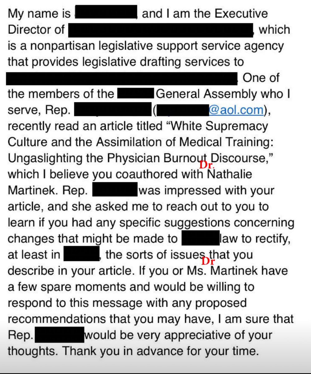 ✍🏽Who knew writing antiracism papers could impact policies? 😳 🇺🇸@NatsforDocs & I got an email from a congressional rep who read our paper 'White Supremacy Culture & the Assimilation Trauma of Medical Training: Ungaslighting the Physician Burnout Discourse.'👩🏾‍⚖️ 💪🏽We’ll respond!