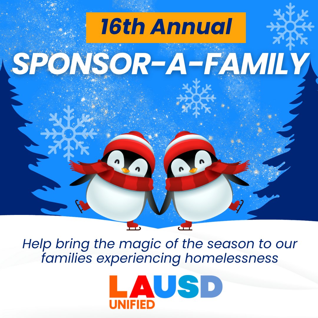 LAUSD Student Support Programs (@lausd_ssp) on Twitter photo Today is the last day to give to our 16th annual Sponsor-a-Family initiative! We invite individuals or groups to sponsor families who are experiencing homelessness. To register, visit: lausd.org/HEO
<a href="/SHHSLausd/">Student Health and Human Services</a>
<a href="/PbisRp/">LAUSD PBIS/RP</a>
<a href="/lausd_psa/">LAUSD Pupil Services & Attendance</a>
<a href="/LAUSDHEO/">Homeless Ed Office</a>
<a href="/WPLausd/">Wellness Programs_LAUSD</a> Today is the last day to give to our 16th annual Sponsor-a-Family initiative! We invite individuals or groups to sponsor families who are experiencing homelessness. To register, visit: lausd.org/HEO
<a href="/SHHSLausd/">Student Health and Human Services</a>
<a href="/PbisRp/">LAUSD PBIS/RP</a>
<a href="/lausd_psa/">LAUSD Pupil Services & Attendance</a>
<a href="/LAUSDHEO/">Homeless Ed Office</a>
<a href="/WPLausd/">Wellness Programs_LAUSD</a>