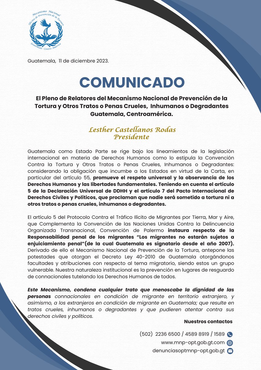 Mensaje del dr. Lesther Castellanos Rodas, Relator Presidente del Mecanismo Nacional Oficina de Prevención de la Tortura, respecto de la importancia de que el Estado de Guatemala, haga valer los tratados y protocolos en materia de Derechos Humanos que se han firmado y ratificado