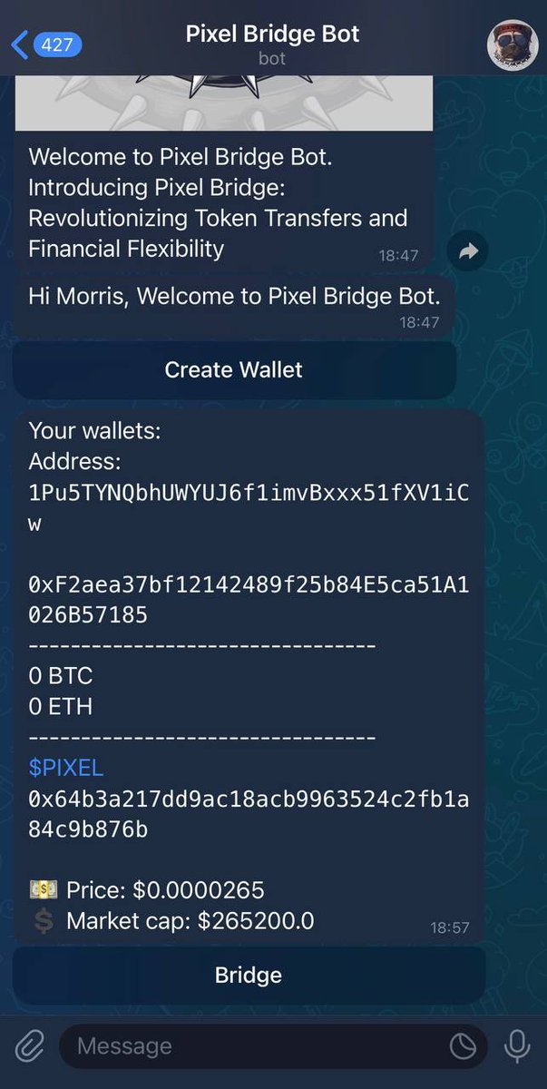 Utility Update:

We decided to create a pixel bridge bot on telegram, providing users with the flexibility to bridge either through the web or on Telegram. $PIXEL