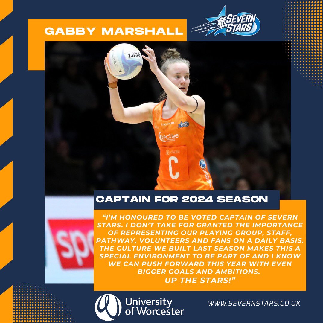 𝐈𝐧𝐭𝐫𝐨𝐝𝐮𝐜𝐢𝐧𝐠 𝐨𝐮𝐫 𝟐𝟎𝟐𝟒 𝐜𝐚𝐩𝐭𝐚𝐢𝐧 🌟 We are delighted to announce Gabby Marshall will once again captain Severn Stars in the Netball Super League for 2024! Huge congratulations @GabsLMarshall 💙🌟🧡