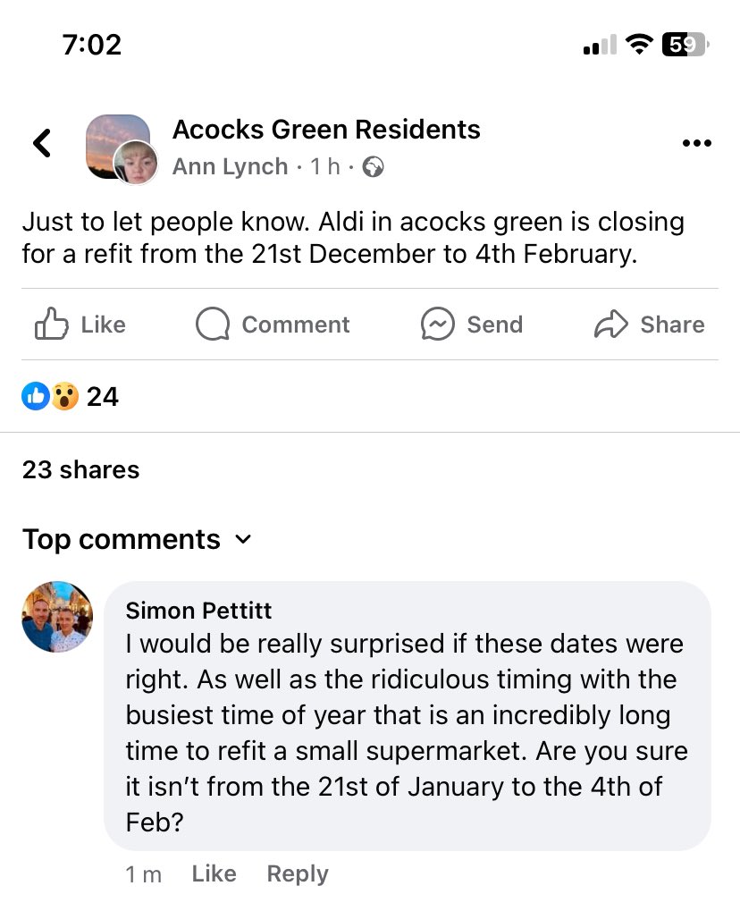 PettittSimon's tweet photo. @AldiUK is this true? You are closing your Acocks Green store in Birmingham for a refit a few days before Xmas? https://t.co/8jg44yMK3S