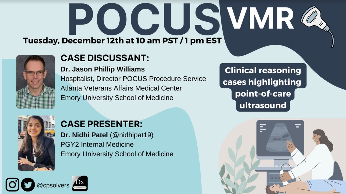 #MedTwitter You don't want to miss our clinical reasoning cases highlighting the utility of POCUS! Please join us Tuesday, December 12 at 1PM EST featuring Emory hospitalist, Dr. Jason Phillip Williams, and IM resident @nidhipat19 Use the link to join➡️ bit.ly/31LWIKg