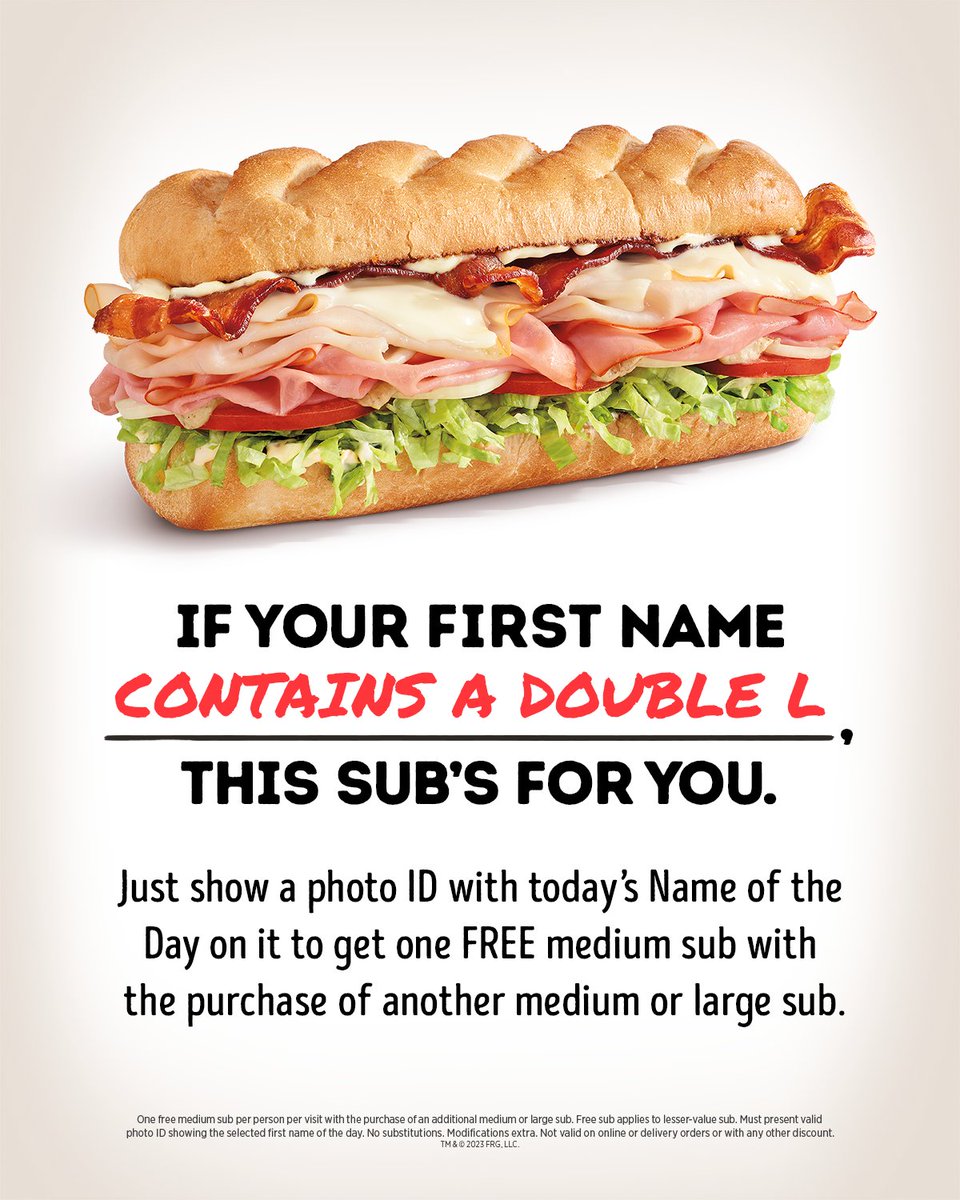 Name of the Day is off to a✨joLLy✨start! If your first name has a double L (like Holly or Terrell), today's your day!

If that's you, show your photo ID at any participating Firehouse Subs TODAY, 12/12, &amp; get a FREE medium sub when you buy an additional medium or large sub.