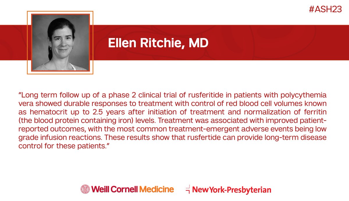Live from #ASH23: @DrEllenRitchie presented long-term follow-up data from a #ClinicalTrial evaluating a therapy option for patients with #PolycythemiaVera. Read more about these promising results: bit.ly/46RQMvh