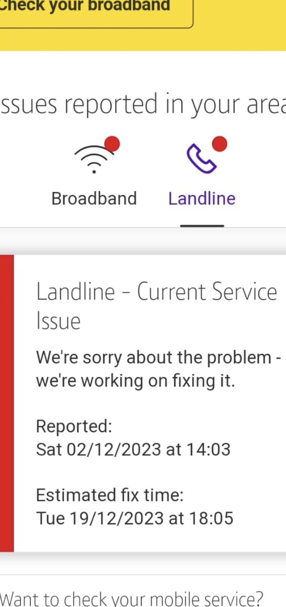Dear <a href="/bt_uk/">BT</a> and <a href="/BT_Openreach/">BT_Openreach</a> , any chance you  can get this line sorted anytime soon. 
I'm sure it shouldn't take this long to sort out a fault !! 

Nobody is accepting responsibility for the issue . Isolating the elderly who don't have mobiles.