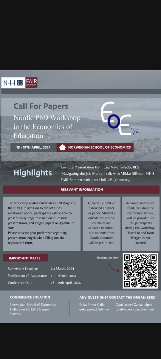 mikko silliman (@m_silliman) on Twitter photo !! PhD students in the Nordics studying the economics of education !!
<a href="/NHHEcon/">NHH Department of Economics</a>
Is organizing this year's econ of ed PhD workshop. The brilliant <a href="/Lnavarrosola/">Laia Navarro-Sola</a> will keynote. I've also agreed to share whatever tidbits I've learned about navigating the market.
Apply by March 1st: !! PhD students in the Nordics studying the economics of education !!
<a href="/NHHEcon/">NHH Department of Economics</a>
Is organizing this year's econ of ed PhD workshop. The brilliant <a href="/Lnavarrosola/">Laia Navarro-Sola</a> will keynote. I've also agreed to share whatever tidbits I've learned about navigating the market.
Apply by March 1st: