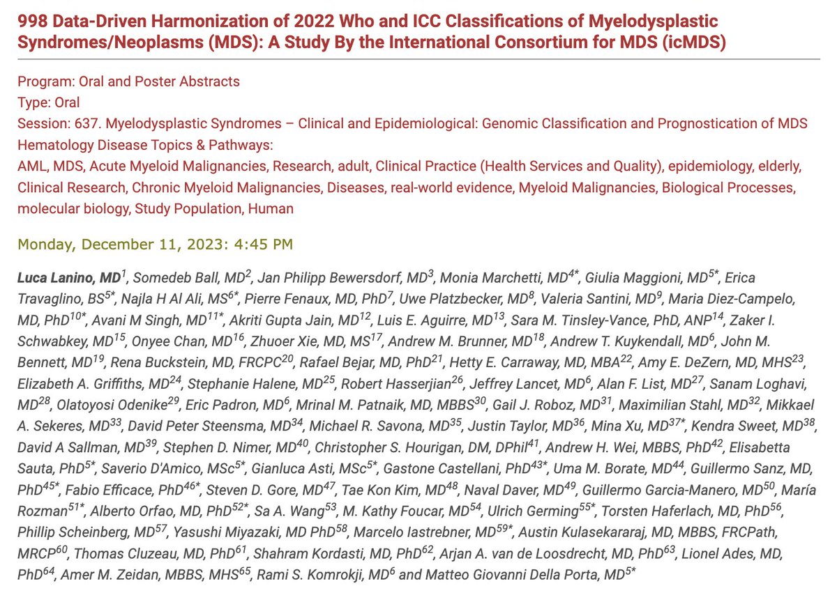 #ASH23 Don't miss #MDSsm session this PM as my friend @LucaLanino presents updates on our #MDSsm classification harmonization project! Gigantic effort ⬇️ @ic_MDS @Ramikomrokji Dr. DellaPorta @Dr_AmerZeidan to guide unified approach to clax. @sanamloghavi @genomed4all @ZhuoerXie