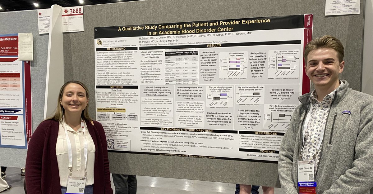 First #ASH23 poster presented! Thanks to my great mentor @MariaAmaya_27 and my colleague @hunertoli for collaborating on this work. Congrats to Hunter on an abstract achievement award! We examined patient and provider perspectives on health disparities at @CUHematology