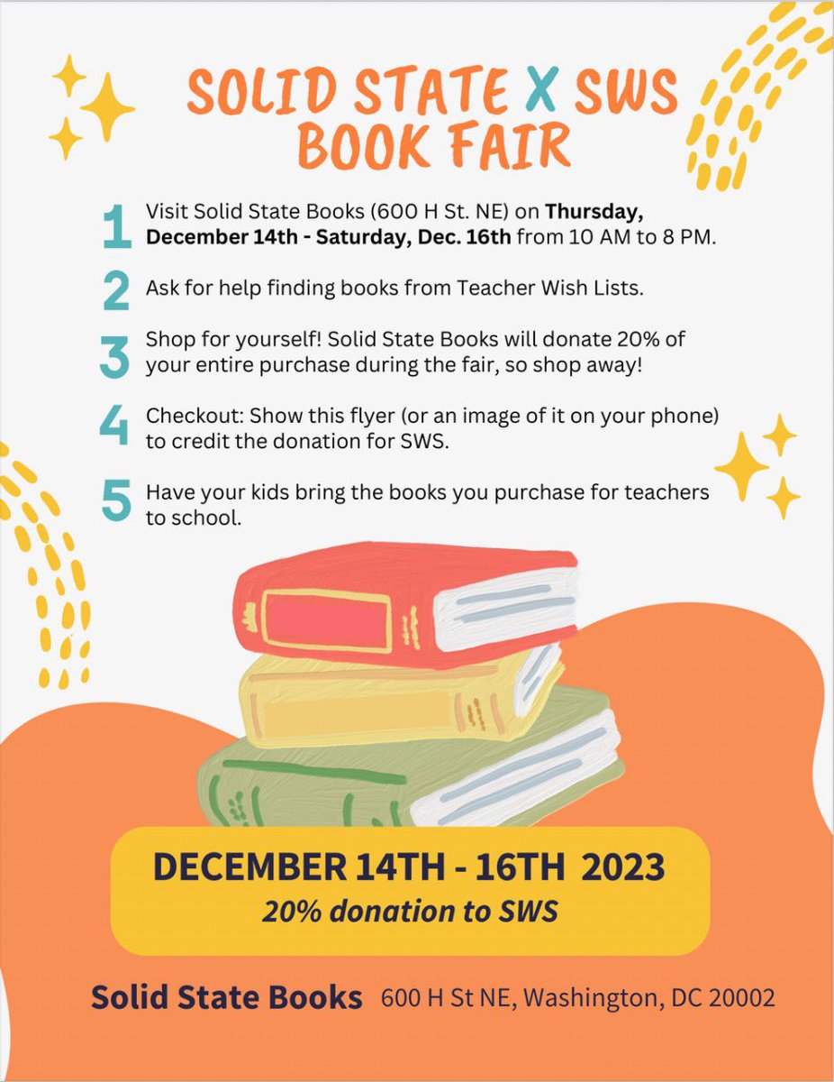 School Within School Parents (@swsatgoding) on Twitter photo Stop by <a href="/solidstatedc/">Solid State Books</a> on H St NE this Thursday - Saturday to shop at the SWS book fair! Buy books for your holiday gift lists and for SWS classrooms. 20% of purchases made with this flyer will be donated to SWS! 📚📚📚 Stop by <a href="/solidstatedc/">Solid State Books</a> on H St NE this Thursday - Saturday to shop at the SWS book fair! Buy books for your holiday gift lists and for SWS classrooms. 20% of purchases made with this flyer will be donated to SWS! 📚📚📚