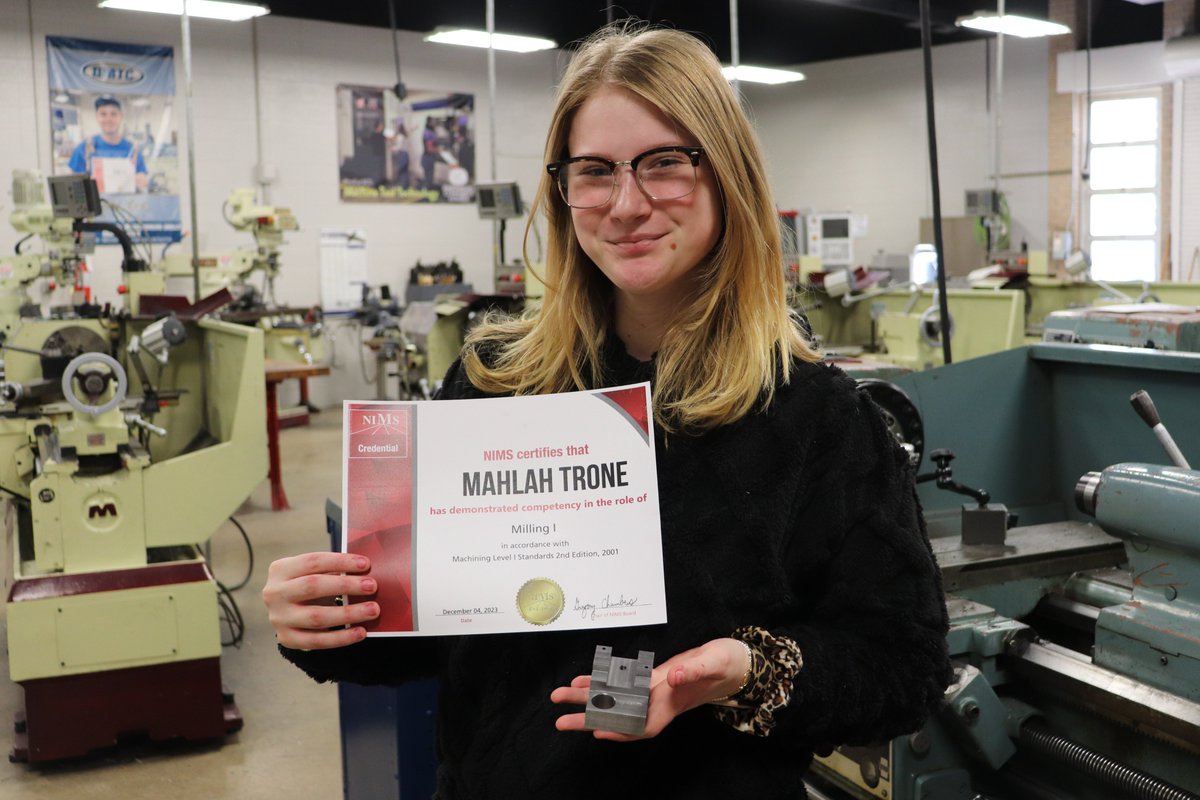 dmtcsc's tweet image. Huge congratulations to Mahlah Trone on earning her second NIMS certification in Machine Tool Technology!  Way to go, Mahlah! Stay tuned for an informative video where Mahlah shares insights into the journey behind this certification.#NIMSCertification #MachineToolTechnology #CTE