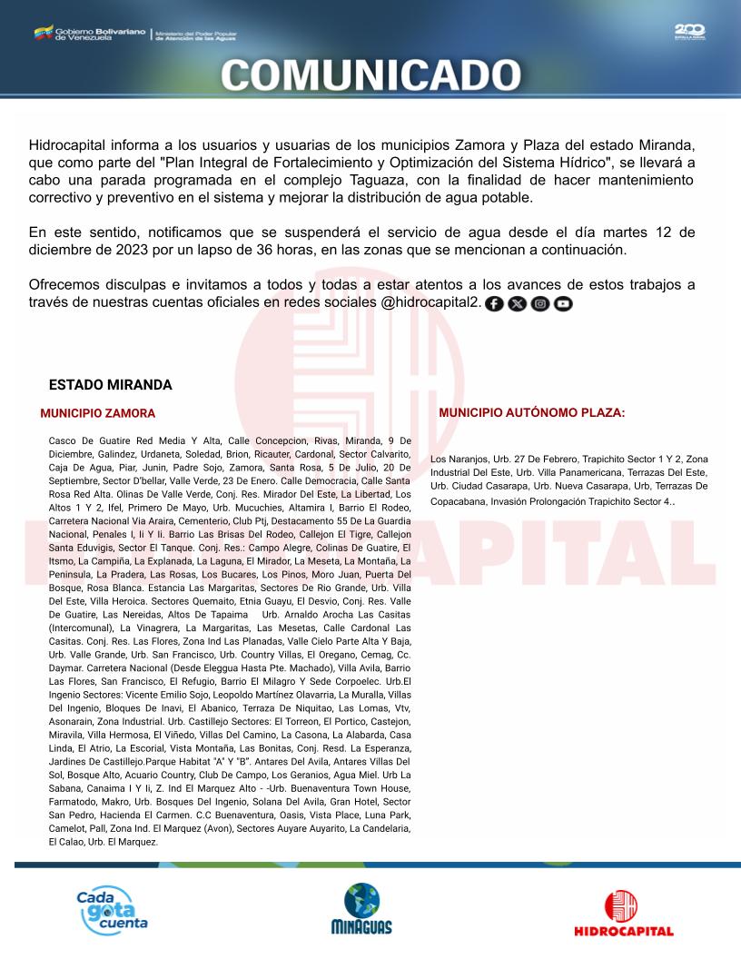 Información de interés para suscriptores y usuarios de #Guarenas y #Guatire.
¡Atención, #NuevaCasarapa!
#AguaGG 

👇🏻👀