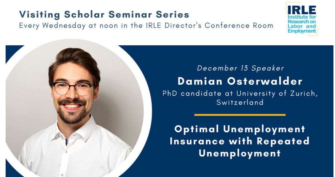 Join us every Wednesday at noon for our Visiting Scholar Seminar Series with pizza. Hear this week from @da_oster as he discusses 'Optimal Unemployment Insurance with Repeated Unemployment.' 🍕📈