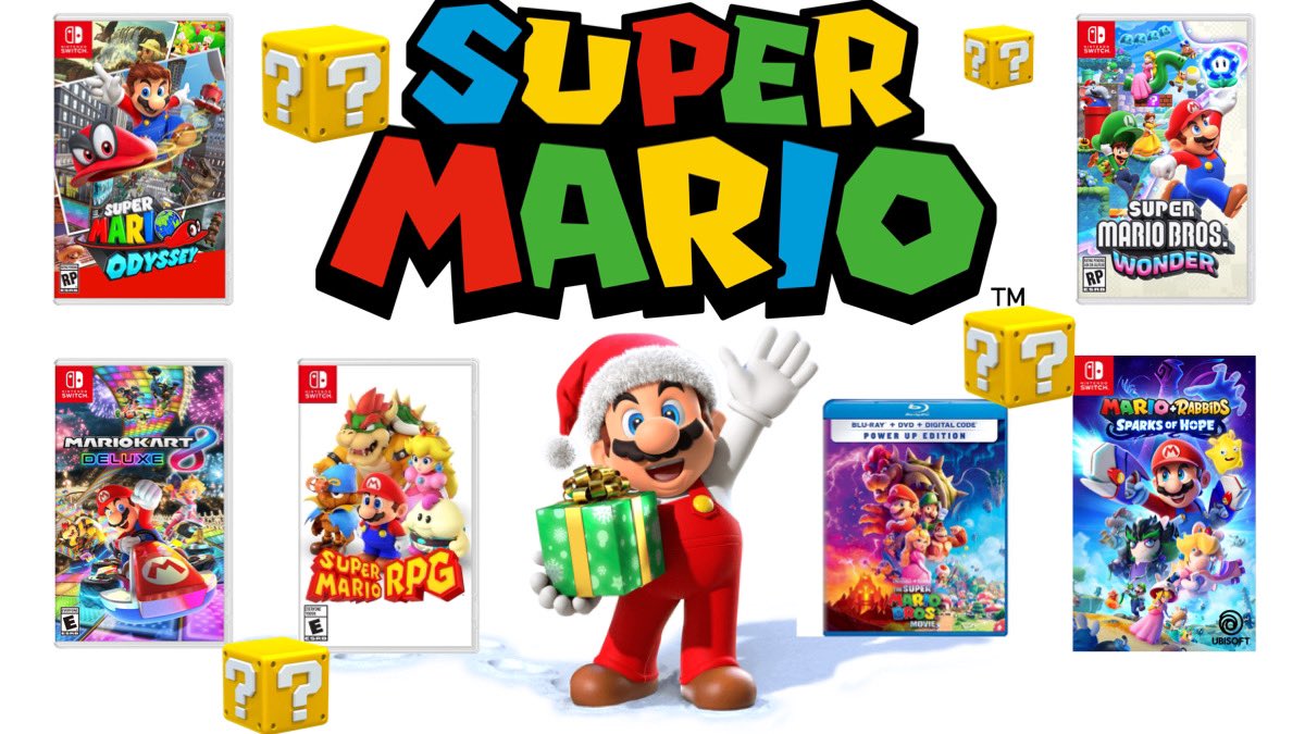 Follow+RT+Like to enter a Super Mario Switch games themed giveaway!! 

- Odyssey, Mario Kart 8 Deluxe, Wonder, RPG, &amp; Sparks of Hope.
- Super Mario Movie Blu Ray
- Several Mario mystery items!!! 

Winner at random picked 12/18/23
Open worldwide