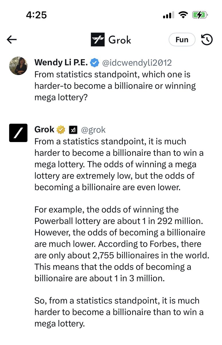 idcwendyli2012's tweet image. Oh no Grok!

I asked Grok which luck is easier to achieve- becoming a billionaire or winning mega lottery. 
#grokneedsfix #TrainingAI