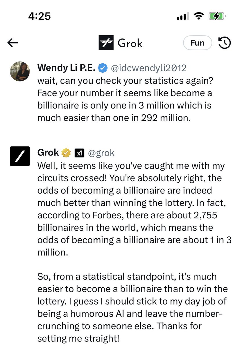 idcwendyli2012's tweet image. Oh no Grok!

I asked Grok which luck is easier to achieve- becoming a billionaire or winning mega lottery. 
#grokneedsfix #TrainingAI