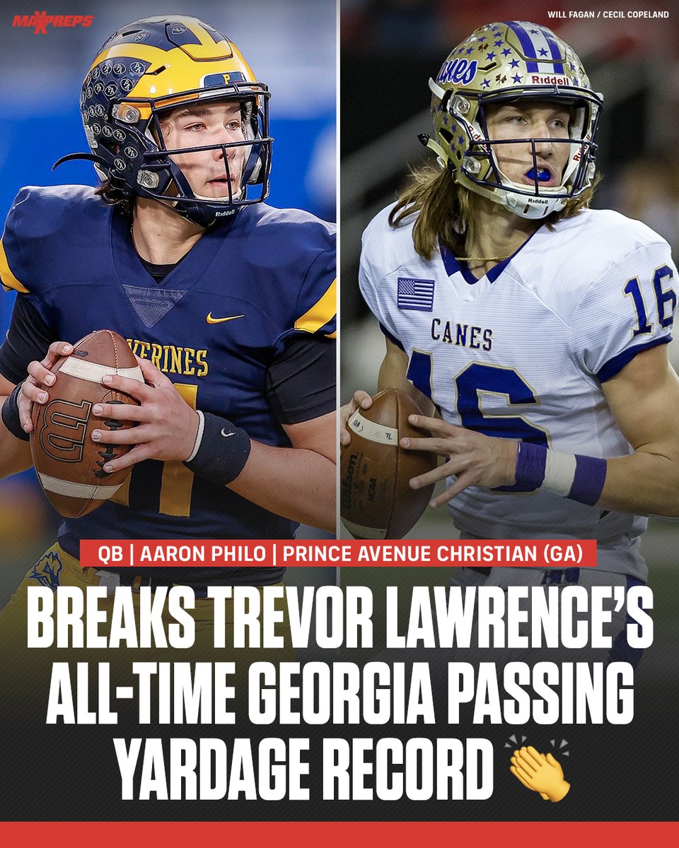 MaxPreps (@maxpreps) on Twitter photo Aaron Philo (<a href="/PhiloAaron/">Aaron Philo †</a>) breaks Trevor Lawrence's Georgia passing record, wins state title. 🔥
Prince Avenue Christian quarterback breaks state's passing yardage record late in fourth quarter of 49-32 win. 🏈
✍️: maxpreps.com/news/OXJ_sK657… Aaron Philo (<a href="/PhiloAaron/">Aaron Philo †</a>) breaks Trevor Lawrence's Georgia passing record, wins state title. 🔥
Prince Avenue Christian quarterback breaks state's passing yardage record late in fourth quarter of 49-32 win. 🏈
✍️: maxpreps.com/news/OXJ_sK657…