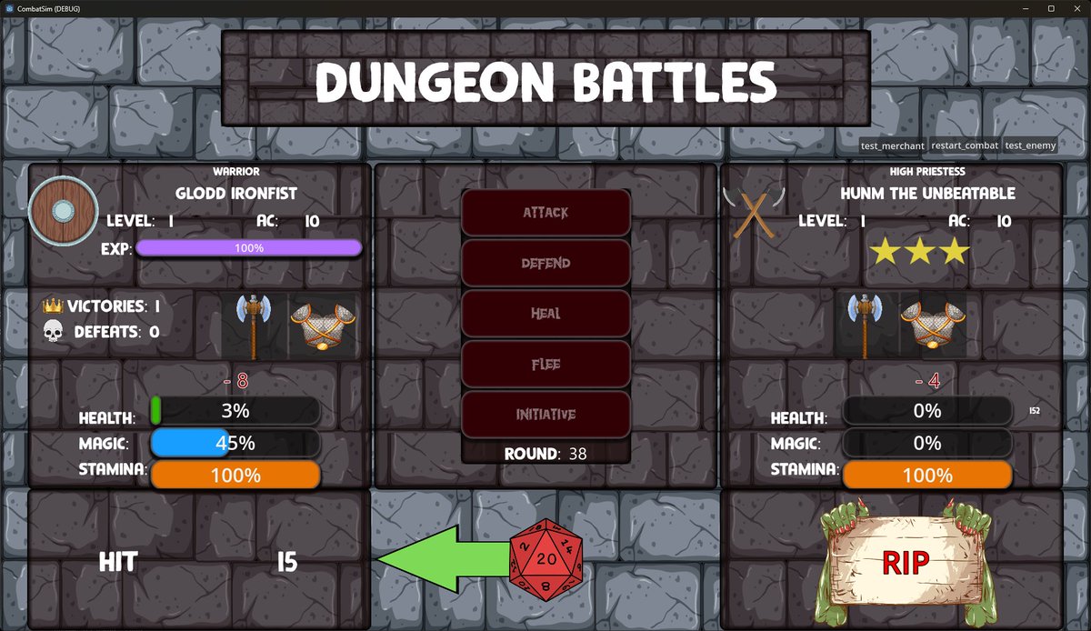 ProfitzTV's tweet image. Workflow is getting better from new character -> battle.
38 rounds to take the rare mob, Hunm the Unbeatable, High Priestess!
#Godot4 #GDScript #IndieDev #GameDev #TheBaldDev