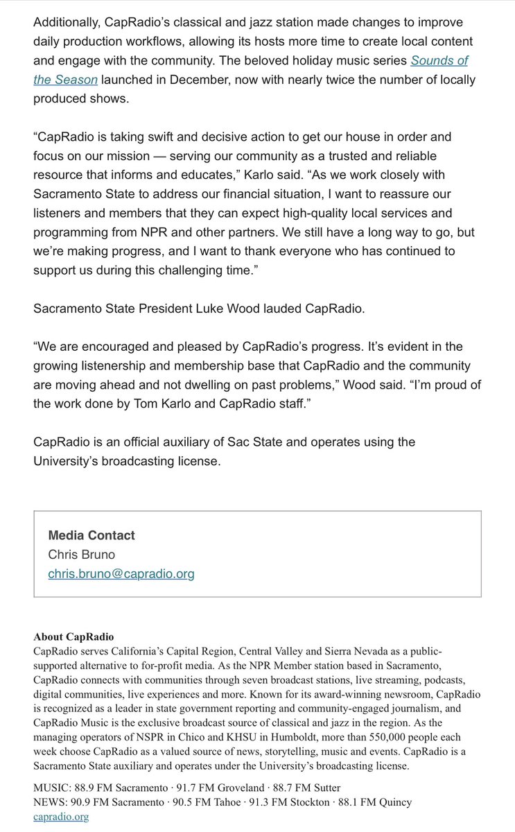 CapRadio on the rise again! Listenership and membership are up. So far, the efforts to turn the tide are working thanks to @sacstate, our GM Tom Karlo, and the @CapRadioNews staff. The future is bright, in spite of the past. Thank you community for your support.