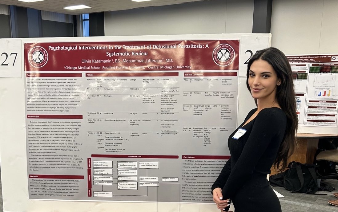 Was fortunate to present a poster on my summer project and recently accepted publication in @IntJournDerm. I had so much fun sharing my passion for psychodermatology with my classmates and copresentors. #psychodermatology #dermatology #delusionsofparasitosis