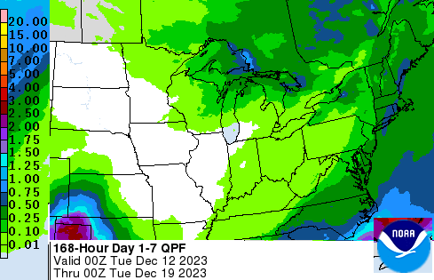 Mainly dry conditions forecast over the western and southern tiers of the Eastern Area through December 18, 2023. wpc.ncep.noaa.gov/qpf/p168i.gif