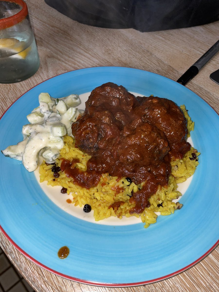 Harissa meatballs turmeric rice and lemon yoghurt cucumbers