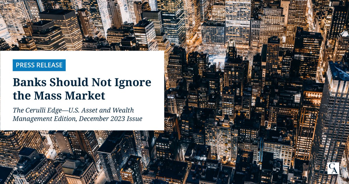 The #massmarket represents banks’ least frequently targeted demographic. Just 16% of firms offer an #investment or wealth-related service tailored specifically to these households with less than $100,000 in #investableassets. Find out more: cerulli.com/press-releases… #banks