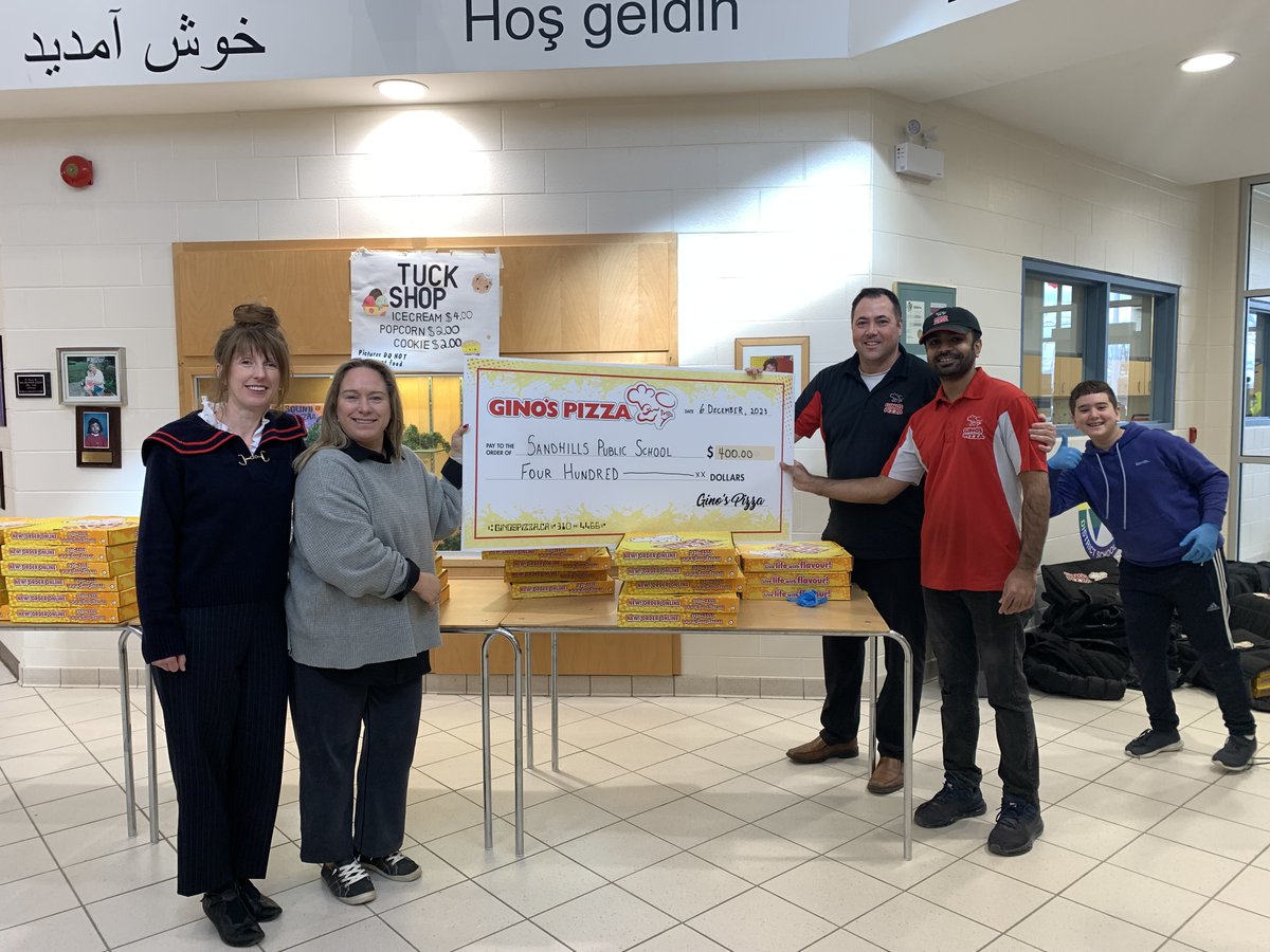 We presented Sandhills Public School, Kitchener, with a cheque of $400!  This generous contribution comes from our Raise Some Dough fundraising. Kudos to the amazing community at the School for their incredible school spirit and making a difference! #ginospizza #schoolfundraising