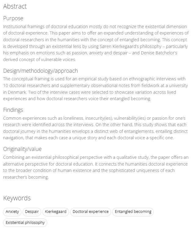 #NEW in @SGPEJournal: 'The entangled becoming in humanities doctoral education' by @haticelights & Søren S.E. Bengtsen (@AarhusUni_int) - an existential philosophical and empirical exploration of being a doctoral researcher. doi.org/10.1108/SGPE-0…