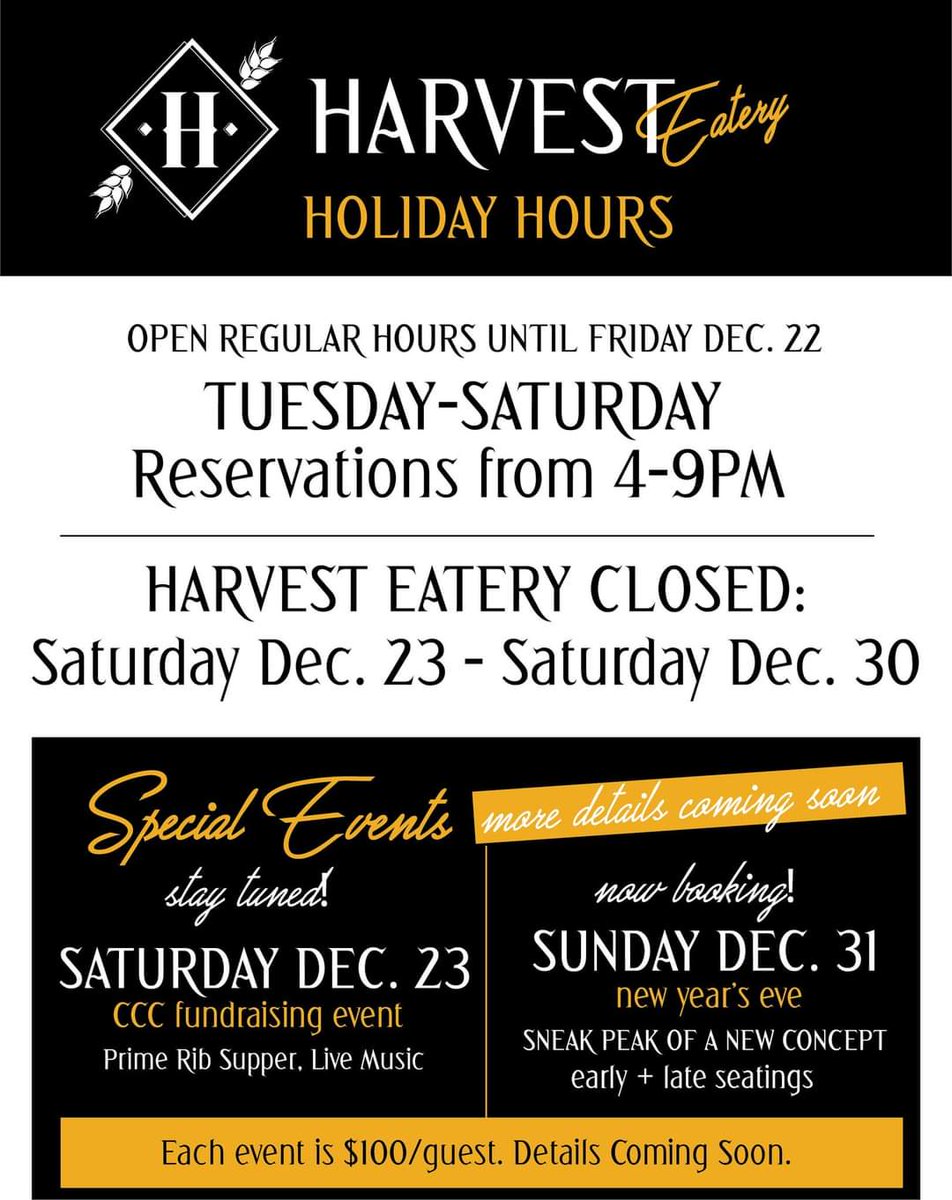 Now booking NYE at eatharvest.ca