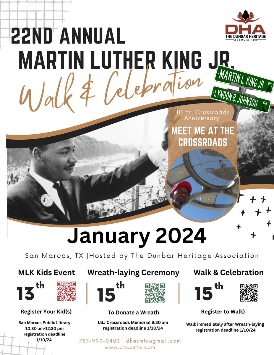 Save the Date!!! Join @DunbarHeritage in celebrating the 22nd Annual Martin Luther King Jr. Walk and Celebration on Monday, January 15, 2024. We hope to see you there!