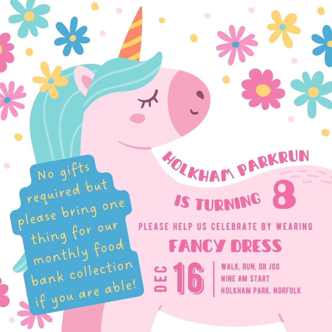 Join us this Saturday (16th December) to celebrate our 8th birthday! Walk, run, or jog, do it in style with your favourite fancy dress. Don't forget to bring along one item for our monthly food bank collection if you can. #DFYB #loveparkrun