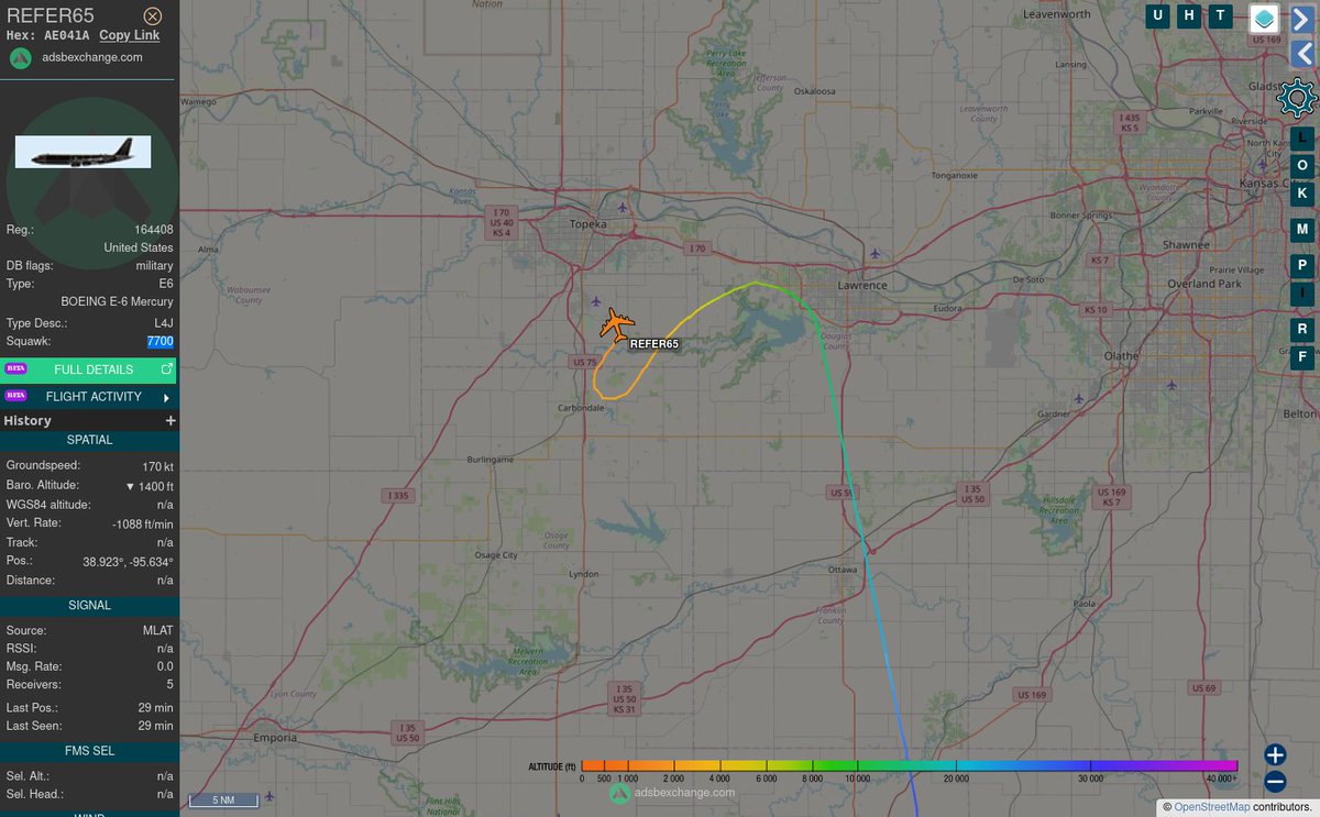 Uh oh...

US Navy E-6B Mercury #AE041A as REFER65 had some sort of emergency and possibly landed in Topeka, KS.  

Last seen at 1400' squawking 7700 just southwest of the city.  2 airports in the area.   

It appears to have diverted to the nearest field suggesting a serious