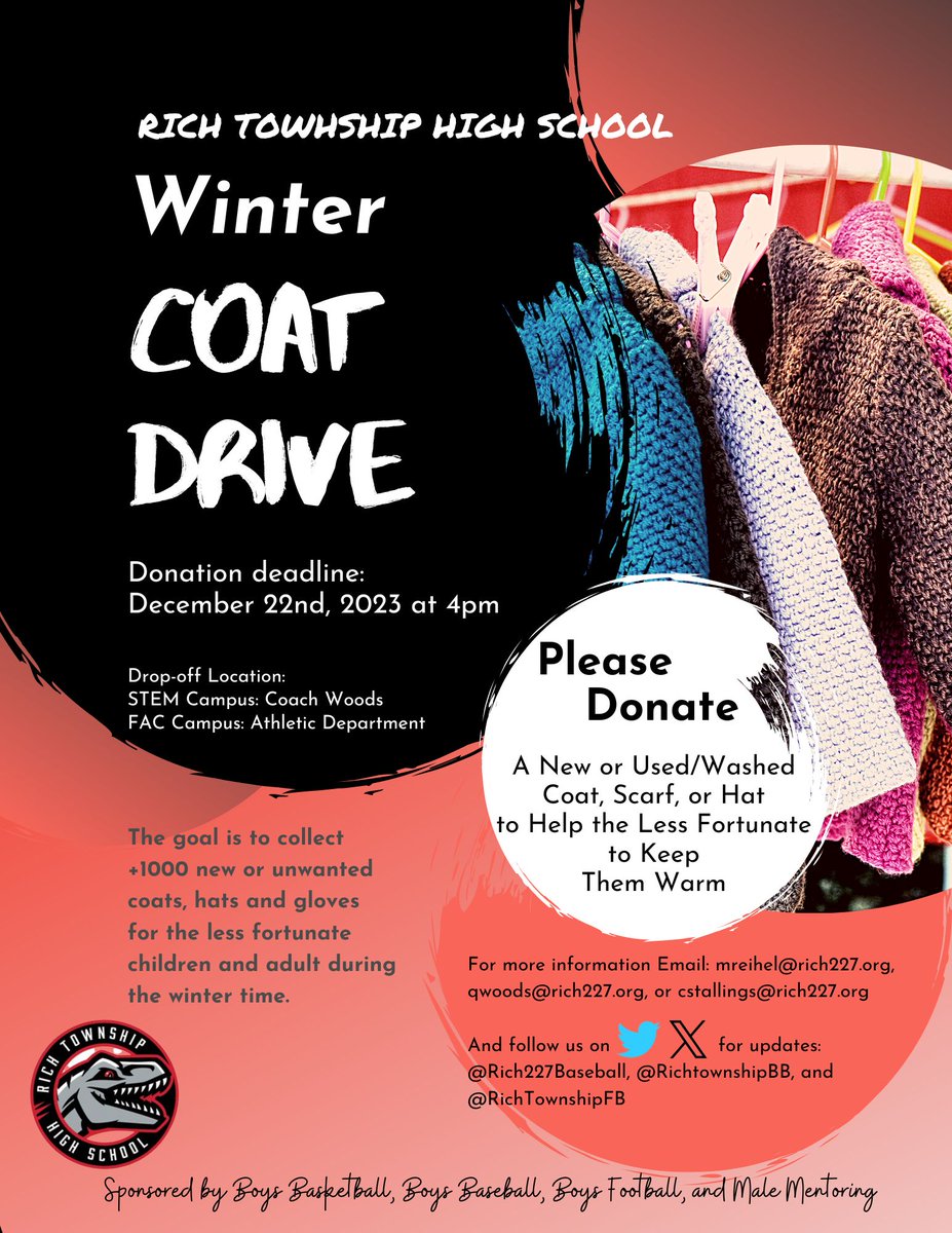 DO YOU HAVE A COAT YOU DON'T NEED!!!??? We're partnering with @RichTownship_BB , @RichTownshipFB , and our Male Mentoring Program for a 1st Annual RTHS Coat Drive. If you have new or used/washed coats, scarfs, or hats please think about donating them!!! @RTHS_Athletics