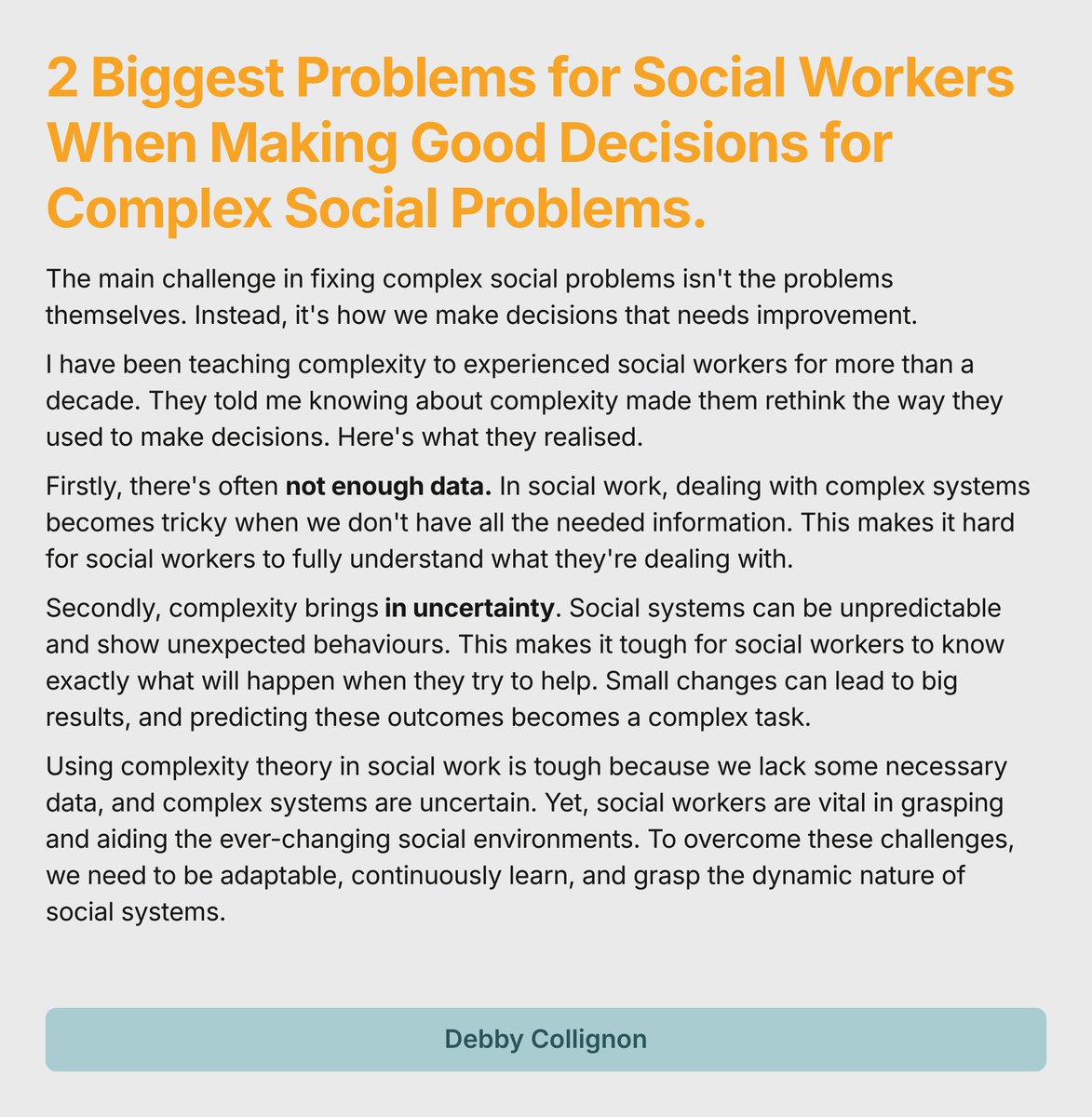 DinPedagogiek's tweet image. 2 Biggest Problems for Social Workers When Making Good Decisions for Complex Social Problems.
#SocialWorkChallenges #ComplexityTheory #SocialWorkSkills #DynamicSocialSystems #LearningInSocialWork #SocialWorkRole #UncertaintyInSocialIssues #AdaptableProfessionals