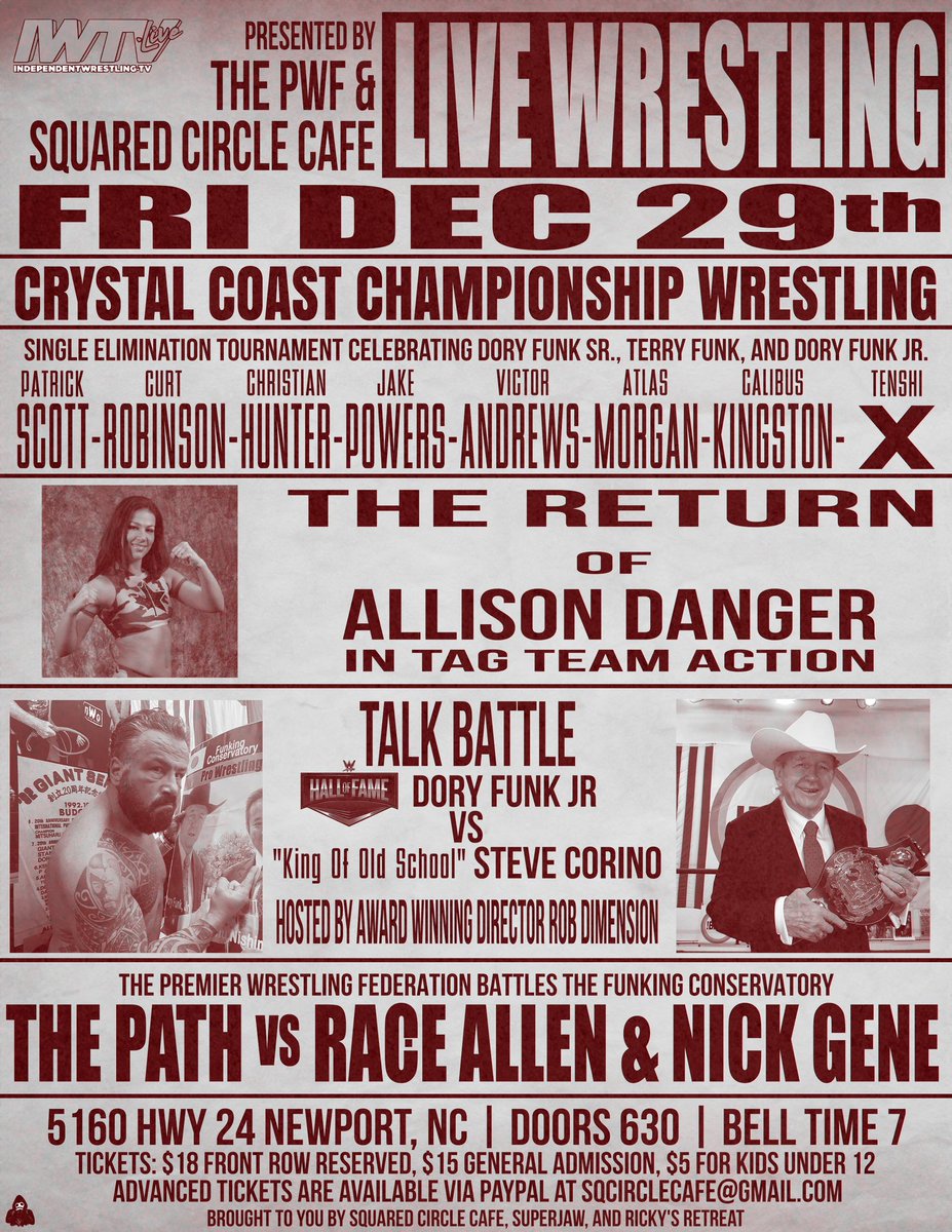 Join us on 12/29 as <a href="/PWFLive/">Premier Wrestling Federation</a> &amp; <a href="/SqCircleCafe/">Squared Circle Cafe</a> present the Funk Legacy Tournament featuring @ItsPatrickScott , <a href="/tenshix9x/">Big Business Tenshi X| Goon Squad!!!</a> , <a href="/CurtRobinsonPro/">“Calculated” Curt Robinson</a> , <a href="/Im_MrEverything/">Roosevelt</a> , Jake Powers, Christian Hunter, @CalibusKingston , &amp; Atlas Morgan.

Plus WWE Hall of Famer <a href="/fuanku/">Dory Funk Jr.</a> Dory Funk Jr.!