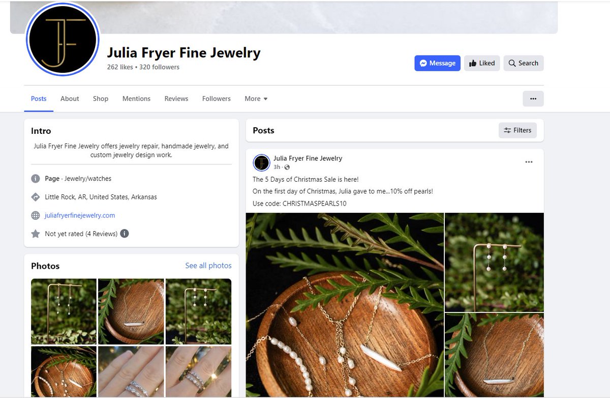 Looking for a Christmas gift, fine jewelry maybe?
My wife can hook you up! 
She's an honest and trustworthy goldsmith with a "5 Days of Christmas" sale going on now. 
Her website: juliafryerfinejewelry.com
She's also on FB and Instagram @juliafryerfinejewelry