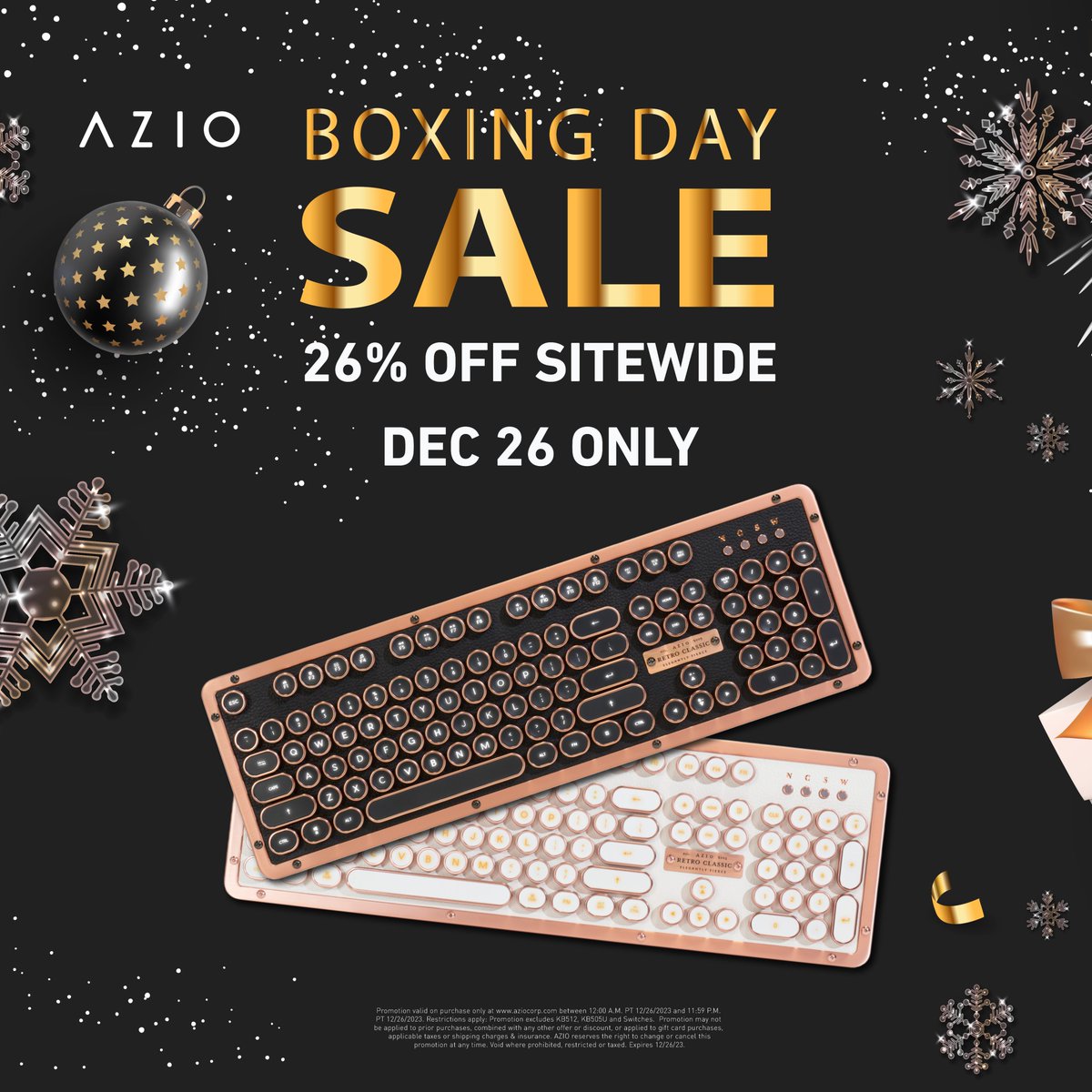 It's Boxing Day! For one day only, get 26% OFF sitewide! #azio #keyboard #mouse #mice #desksetup #tech #premium #luxury #lifestyle #design #gift #shop #sale #promo #promotion #discount #boxingday #canada #sitewide #shopping #oneday #gaming #gamer #wireless #rgb #wfh #office