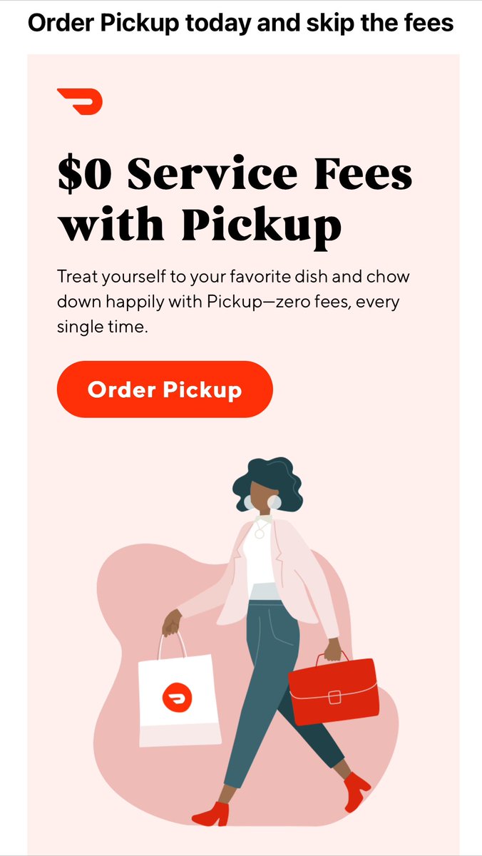 Hey @DoorDash - I got this from you, which I don’t use, because you don’t service my area. $0 service fees with pickup? Why would I pay you service fees if I have to go in & pick up my order? Isn’t that the same as my calling in to the restaurant & picking up when it’s done?