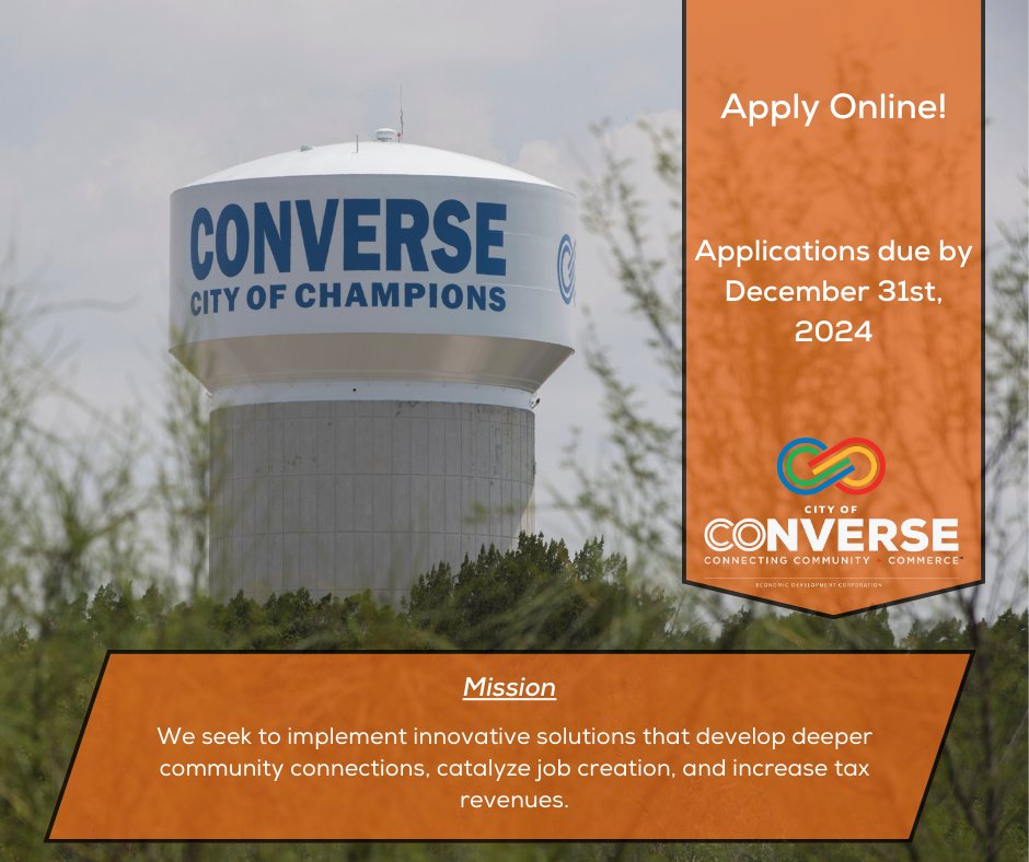 The Converse EDC has a vacancy on our Board of Directors! We are looking for an enthusiastic Converse resident that would volunteer their time to make our city better for everyone. Applications can be submitted online at conversetx.net/forms.aspx?FID… . Deadline is December 31st.