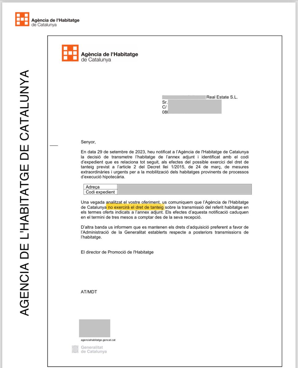 HernandoPablo's tweet image. 🚨 HOY HEMOS RECIBIDO UNA BUENA NOTICIA 🏠

Y es que, al fin, 70 días después hemos recibido la carta de renuncia al tanteo y retracto por parte de la Generalitat de Cataluña 🤦🏽‍♂️

Así que fijamos firma con el cliente antes de finalizar el año.

🧵Como siempre, aquí tienes🪡