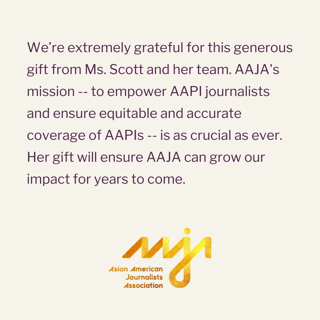 AAJA thanks MacKenzie Scott and invites you to make your own year-end gift to support our mission. Every gift, regardless of level, counts and helps us build our collective power! #AAJAFamily bit.ly/DonatetoAAJA