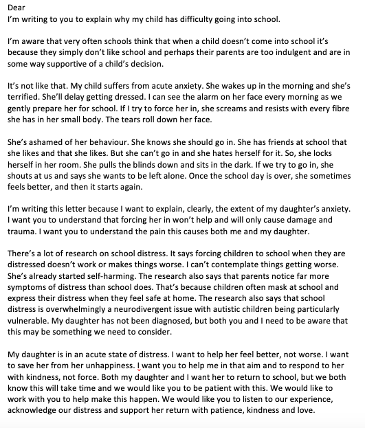 I was so moved by this post having had a similar experience. I drafted this for parents to send to their school if it's of any use. Of course details would need to be changed, but it's written in a spirit of solidarity for all parents of children with EBSA.