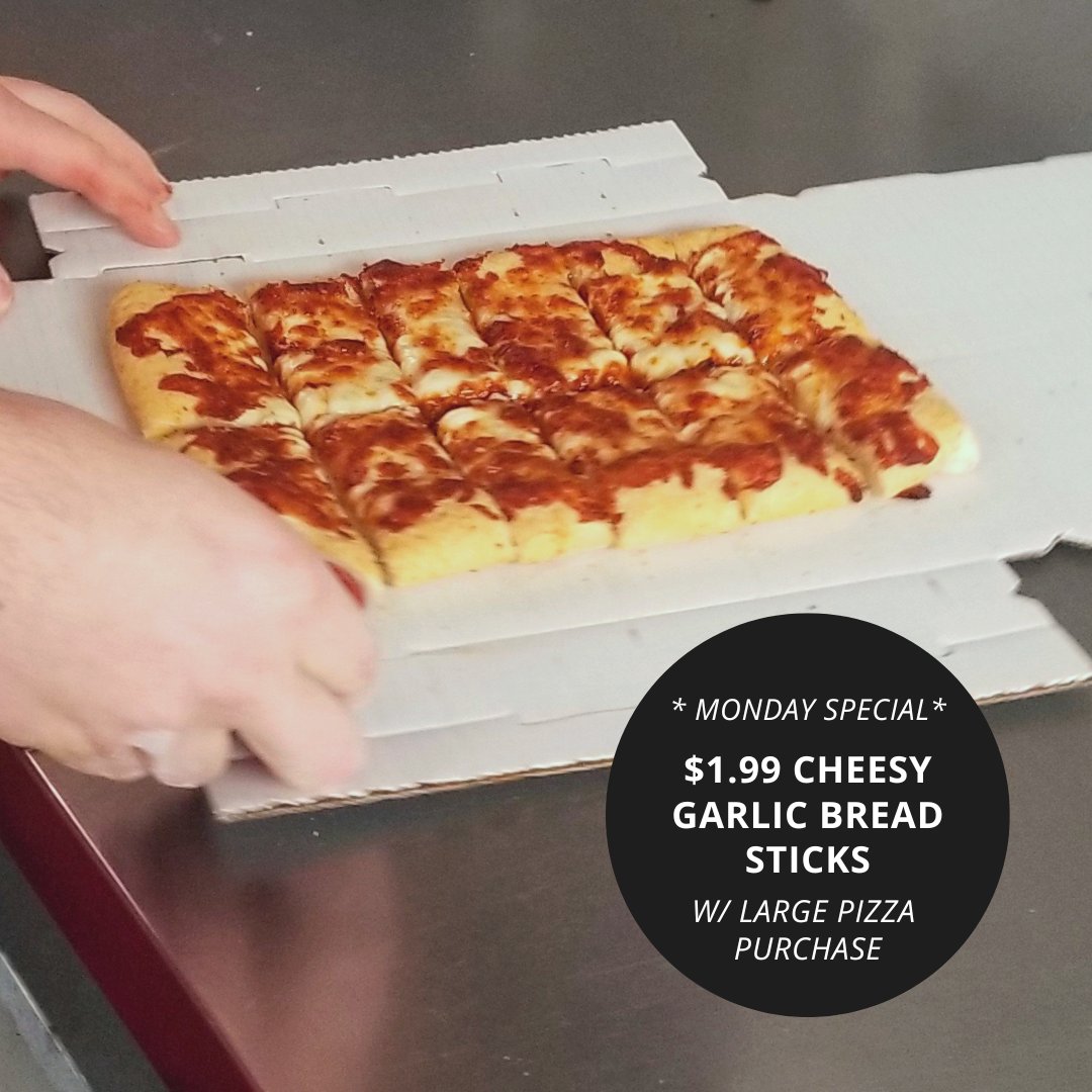 Last chance to get this deal for 2023! Order a 14' Large Pizza & get an order of our Cheesy Garlic Sticks for only $1.99. *We're closed next Monday, December 25th. #mondayspecial #specialsof2023 #lunchideas #dinnerideas #thincrustpizza #pizzaspecials #pisapizzacountryside