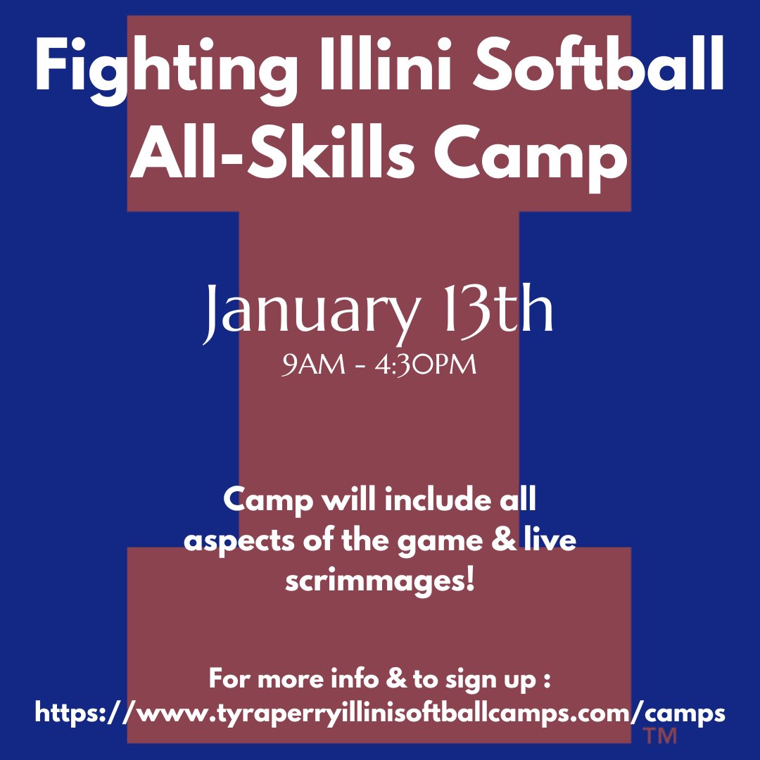 There is still time and spots to sign up for our big winter camp!! Don’t miss out! Come join Illini Softball! 💙🥎🧡 tyraperryillinisoftballcamps.com